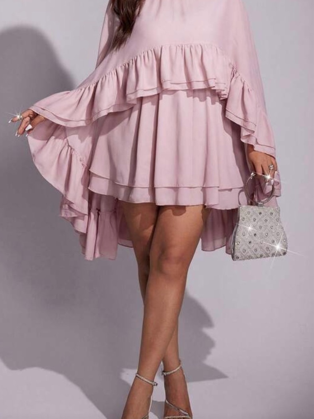 2pc Set-Blush Pink Ruffle Tiered Mini Dress w/Cape